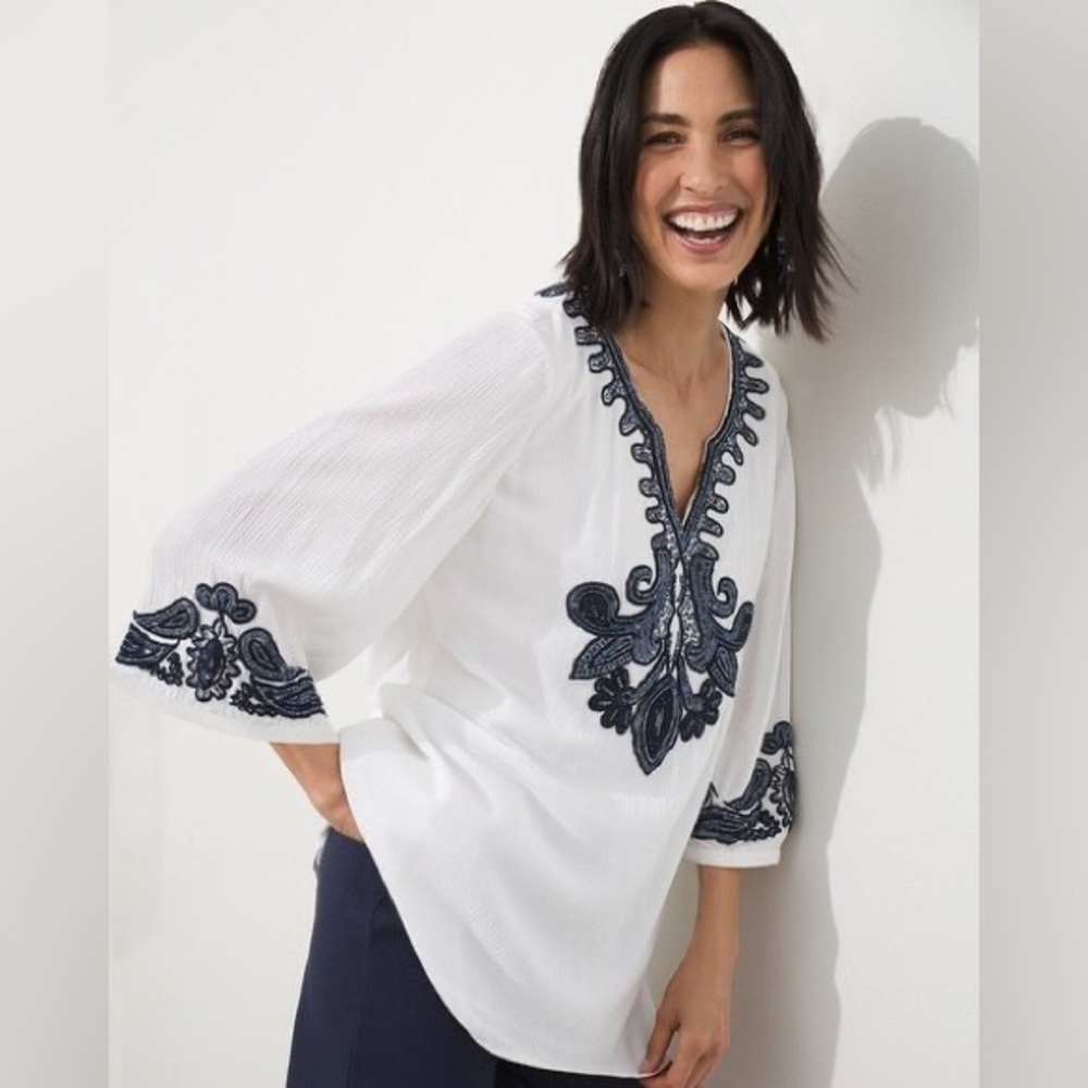NWT Chico’s Embellished White Gauze Tunic SZ M Coastal Grandma Boho Chic Beachy